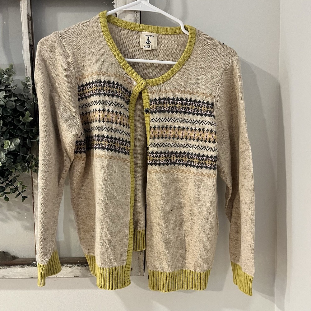 Lands' End Kids L Beige Yellow Patterned Wool cotton blend Cardigan Sweater